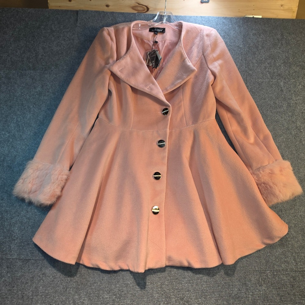R.J Story Fit and Flare Coat Womens Pink New Faux Fur Cuffs Silver Buttons
